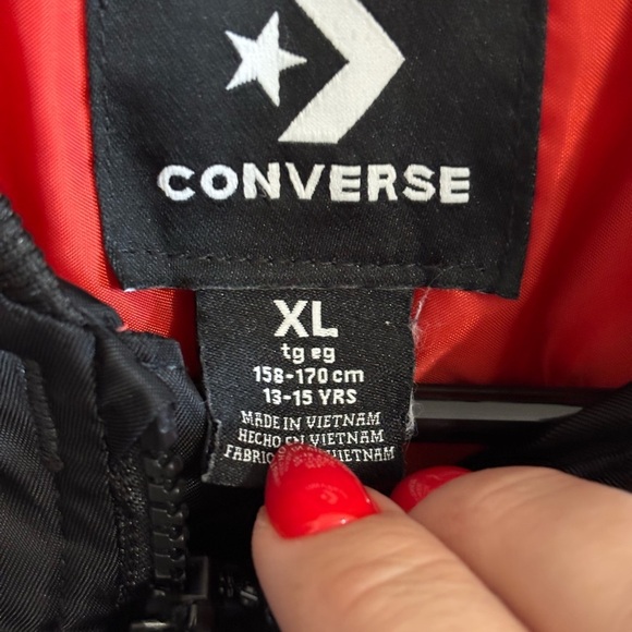 Converse C Chenille Bomber Jacket Youth XL Black Red Spellout EUC - Picture 2 of 8